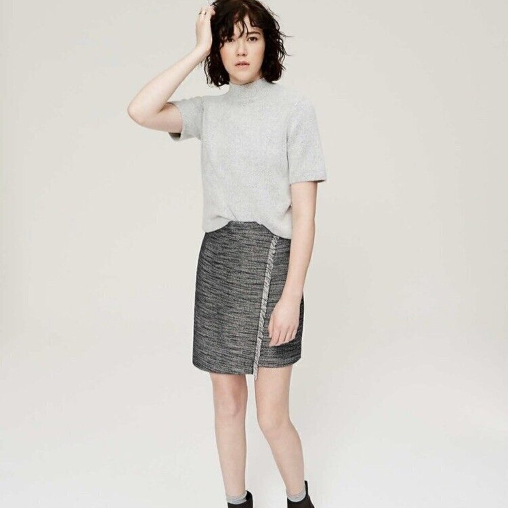 LOFT Heather Black and White Tweed Faux Wrap Skirt - Picture 1 of 16